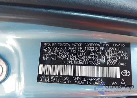 2016 Toyota Prius C Two из США, поврежденный, VIN JTDKDTB36G1133629